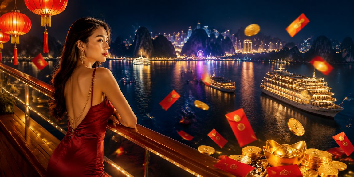 Phong cảnh Vịnh Hạ Long với đèn lồng đỏ và phong bì may mắn gợi không khí lễ hội Việt Nam